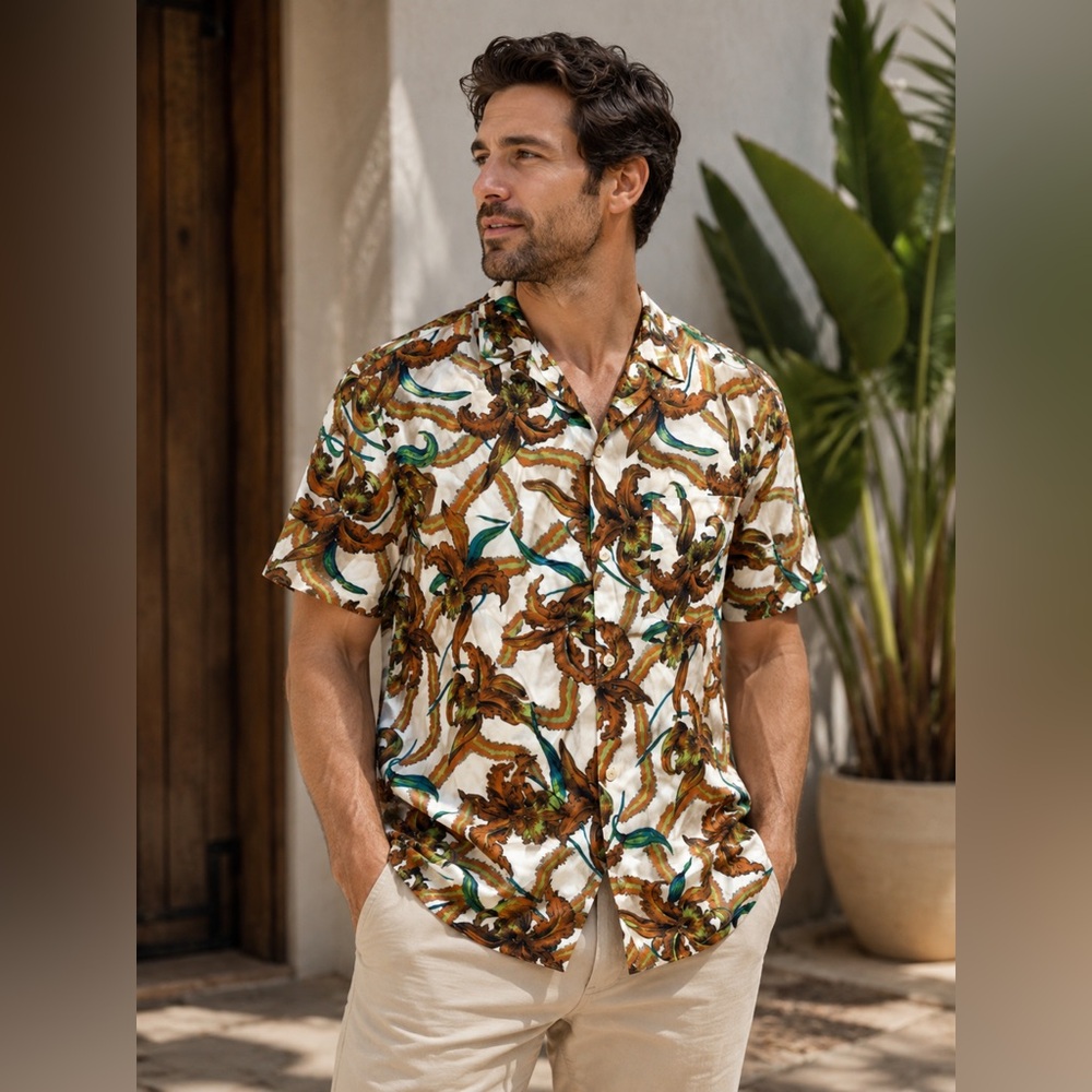 All Saints Men’s Relaxed Fit Short-Sleeve Floral Shirt White Brown Green Teal